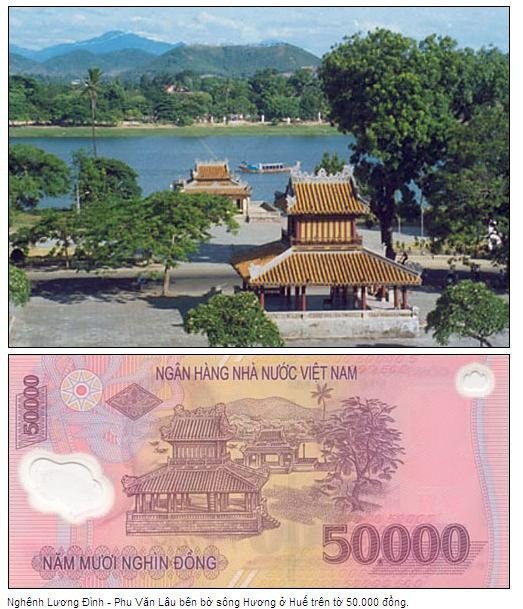 Nghênh Lương Đình - Phu Văn Lâu bên bờ sông Hương ở Huế trên tờ tiền 50.000 đồng