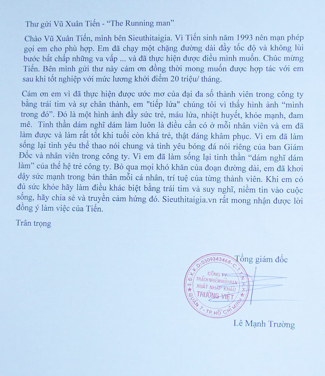 Thư mời của ông Lê Mạnh Trường với Vũ Xuân Tiến