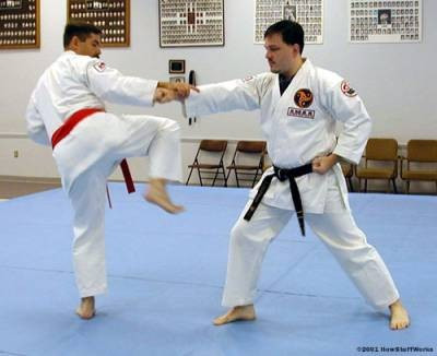 Karate hay Karate-Do là một môn võ thuật truyền thống của vùng Okinawa (Nhật Bản). Karate có tiếng là nghệ thuật chiến đấu với các đòn đặc trưng như đấm, đá, cú đánh cùi chỏ, đầu gối và các kỹ thuật đánh bằng bàn tay mở. Trong Karate còn có các kỹ thuật đấm móc, các kỹ thuật đấm đá liên hoàn, các đòn khóa, chặn, né, quật ngã và những miếng đánh vào chỗ hiểm. Để tăng sức cho các động tác tấn đỡ, Karate sử dụng kỹ thuật xoay hông để tập trung lực năng lượng toàn cơ thể vào thời điểm tác động của cú đánh. Ảnh: Howstuffworks.