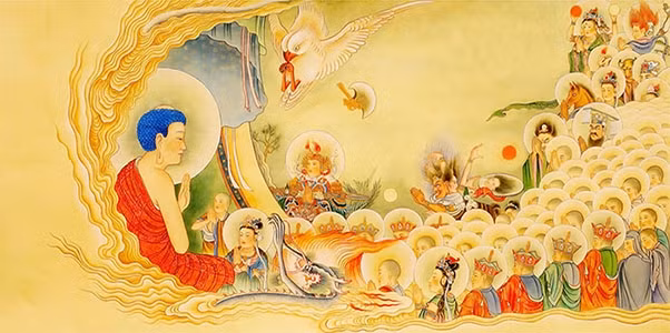 Phật A Di Đà cai quản cõi Cực Lạc (an vui) ở phương Tây. Ngài có nhân duyên hóa độ chúng sinh ở thế giới Tà ba này.