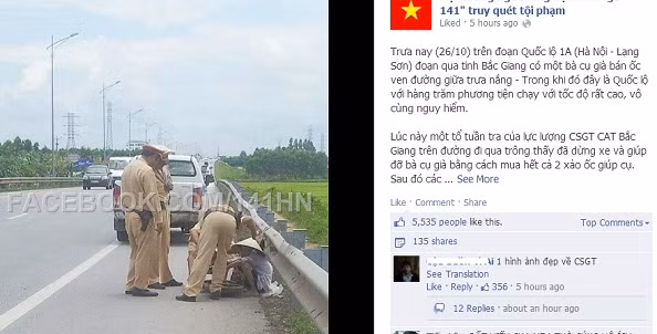 Bức ảnh và câu chuyện về hành động đẹp của các CSGT được cư dân mạng chia sẻ trên nhiều trang nhóm với vô vàn bình luận.