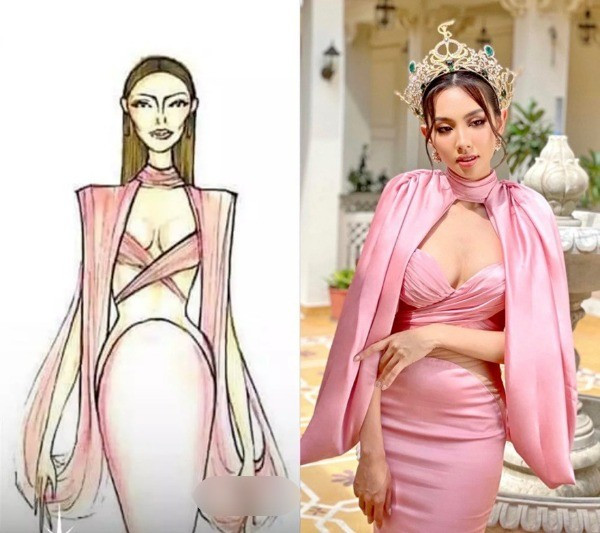 Dù đã có kinh nghiệm với những bộ váy áo có thiết kế phức tạp cầu kỳ, Thùy Tiên vẫn không tránh khỏi việc mặc sai thiết kế. Theo mẫu thì nàng hậu sẽ phải lồng cánh tay qua phần khoét ở tay áo, nhưng Thùy Tiên lại không phát hiện ra điều này, khiến thiết kế bị kém đẹp hơn so với bản gốc.