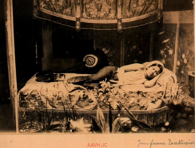 Tiểu thư nhà giàu thư giãn trên tấm phản bọc nhung lụa.