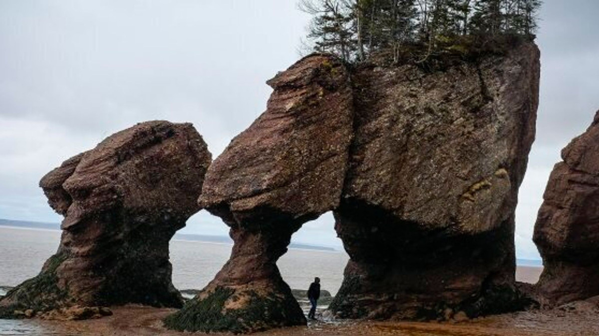 Tảng đá Voi (Canada): Tảng đá này từng rất nổi tiếng với du khách ghé thăm vịnh Fundy (Canada). Tuy nhiên, vào năm 2016, khoảng 200 tấn đá đã đổ xuống đất khiến nơi này mãi mãi không thể trở về hình dạng ban đầu. Theo Cottage Life, tảng đá này và lối đi ở giữa được hình thành nhờ thủy triều. Qua thời gian, nước thủy triều đã bào mòn tảng đá và tạo cho nơi này hình thù đặc biệt. Theo cơ quan chức năng, việc tảng đá này sụp đổ liên quan đến vấn đề xói mòn. Ảnh: Huffpost.