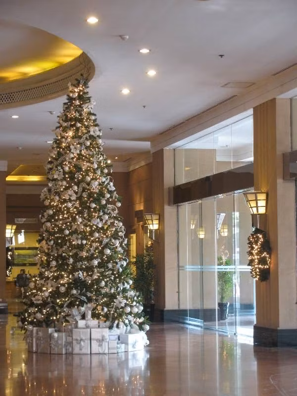 Như mọi năm, cứ mỗi dịp Giáng sinh, các khách sạn hạng sang của Hà Nội lại được trang hoàng lộng lẫy để chào đón dịp lễ đặc biệt này. Theo đại diện khách sạn Melia Hà Nội, màu sắc chủ đạo trong Giáng sinh năm nay của khách sạn là màu trắng bạc. Trong ảnh là cây thông Noel lớn với vô vàn bông tuyết trắng bạc được đặt ngay tại sảnh khách sạn.