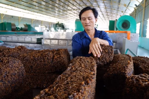 Việc đầu tư cây cao su ở Lào không phải quá tốn kém. Cứ 1 ha cao su thì chi phí bỏ ra khoảng 5.000 USD, trong đó riêng công nghệ tưới nhỏ giọt bù áp chiếm 1.000 USD. Việc đầu tư hiện đại và bài bản của bầu Đức đã tạo nên những rừng cao su bạt ngàn mà nhiều người ví von "chạy xe ô tô mất một buổi vẫn chưa hết các nông trường cao su". Ảnh: Cao su đen của nhà máy chế biến mủ cao su Hoàng Anh Attapeu.