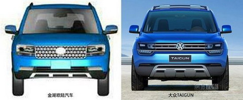 Thương hiệu xe hơi hàng đầu thế giới Volkswagen cũng bị một công ty Trung Quốc cho một "vố đau" khi sản phẩm chưa trình làng của họ bị nhái một cách trắng trợn. Dòng xe mới Taigun của Volkswagen đã bị một công ty Trung Quốc có tên Hồ Giang Tô làm nhái. Ảnh: Taigun (phải) bị nhái trắng trợn.