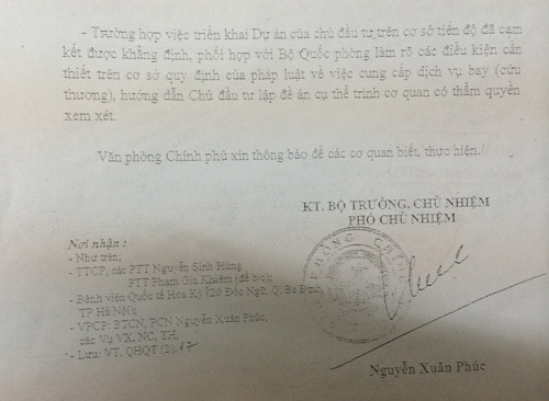 Công văn truyền đạt ý kiến của Thủ tướng Chính phủ yêu cầu làm việc với Bộ Quốc phòng để hoàn thiện các thủ tục xin phép xây dựng sân bay trực thăng đã không được chấp hành.