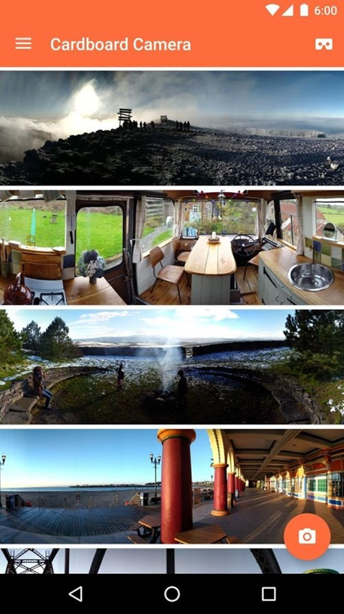  Cardboard Camera (miễn phí). Ứng dụng này cũng được phát triển bởi Google và được xem là “cặp bài trùng” với ứng dụng Cardboard được nhắc ở trên. Nếu Cardboard App giúp người dùng trải nghiệm nội dung trong thế giới ảo thì Cardboard Camera sẽ giúp tạo ra nội dung 3 chiều từ camera tích hợp trên smartphone. Ứng dụng này khá dễ sử dụng, bạn chỉ việc tải về và cài đặt miễn phí từ kho Play Store, sau vài bước thiết lập đơn giản là có thể chụp ảnh 3 chiều xung quanh (panoramic photo) từ camera tích hợp trên smartphone.