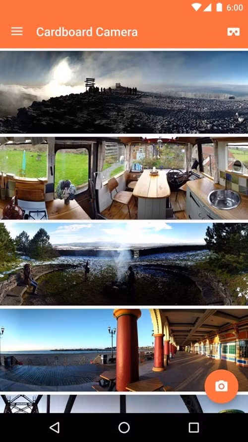  Cardboard Camera (miễn phí). Ứng dụng này cũng được phát triển bởi Google và được xem là “cặp bài trùng” với ứng dụng Cardboard được nhắc ở trên. Nếu Cardboard App giúp người dùng trải nghiệm nội dung trong thế giới ảo thì Cardboard Camera sẽ giúp tạo ra nội dung 3 chiều từ camera tích hợp trên smartphone. Ứng dụng này khá dễ sử dụng, bạn chỉ việc tải về và cài đặt miễn phí từ kho Play Store, sau vài bước thiết lập đơn giản là có thể chụp ảnh 3 chiều xung quanh (panoramic photo) từ camera tích hợp trên smartphone.