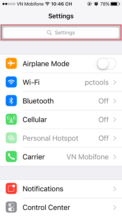  Tìm mọi thứ trong thực đơn Settings Kể từ iOS 9, bạn không còn phải mò tìm mọi thứ trong thực đơn Settings của iPhone. Giờ đây thực đơn này đã có thêm hộp tìm kiếm ở phần trên cùng, giúp bạn nhảy ngay đến bất kỳ mục thiết lập nào.