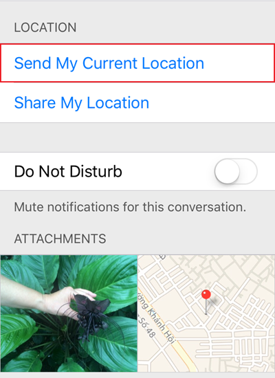  Chia sẻ vị trí hiện tại của bạn Để mô tả chính xác mình đang ở đâu cho ai đó, bạn chỉ việc gửi tin nhắn báo vị trí của mình. Để thực hiện, hãy nhấn vào nút Details ở góc trên bên phải của màn hình chuỗi tin nhắn giữa hai bên, rồi nhấn tiếp vào Send My Location.