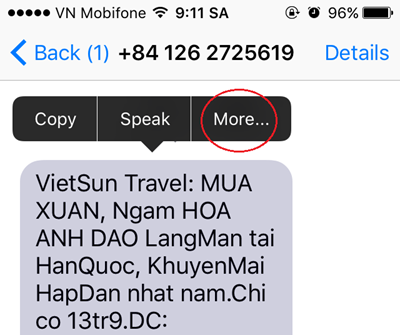  Chuyển tiếp tin nhắn tới người khác Cũng như với email, bạn có thể chuyển tiếp tin nhắn đã nhận tới người khác. Hãy chạm hai lần vào tin nhắn muốn chuyển tiếp, rồi nhấn vào tùy chọn More… vừa hiện lên. Sau đó nhấn vào nút mũi tên chuyển tiếp ở góc dưới bên phải, cuối cùng là điền số điện thoại hoặc tên người nhận từ danh bạ và gửi đi.