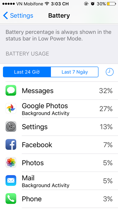  Xem những ứng dụng ngốn nhiều pin nhất Đôi khi bạn chợt nhận thấy pin của iPhone cạn nhanh hơn thường lệ, khi đó bạn có thể kiểm tra những ứng dụng nào đang “ngốn” pin bằng cách vào Settings &gt; Battery. Bạn sẽ thấy những ứng dụng nào đang tiêu tốn nhiều năng lượng pin nhất.