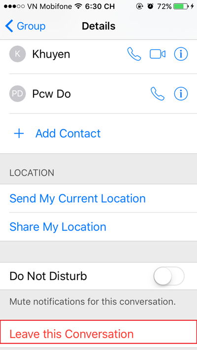  Rời khỏi trò chuyện nhóm Nhắn tin theo nhóm cho nhiều người dùng iMessage cùng trao đổi chuyện trò rất tiện, nhưng nếu bạn thấy phiền toái và muốn rời nhóm thì nhấn vào nút Details ở góc trên bên phải của cuộc trò chuyện nhóm, rồi chọn Leave Conversation.