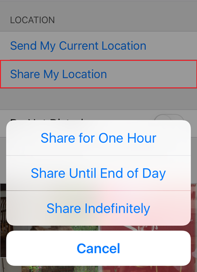  Cho phép người thân theo dõi những nơi bạn tới Nếu bạn muốn người thân trong gia đình hay bạn bè dõi theo hành trình của mình, bạn có thể thao tác như trên nhưng chọn Share My Location thay vì Send My Location. Bạn có thể đặt thời gian chia sẻ vị trí là 1 giờ, đến hết ngày, hoặc vô thời hạn.