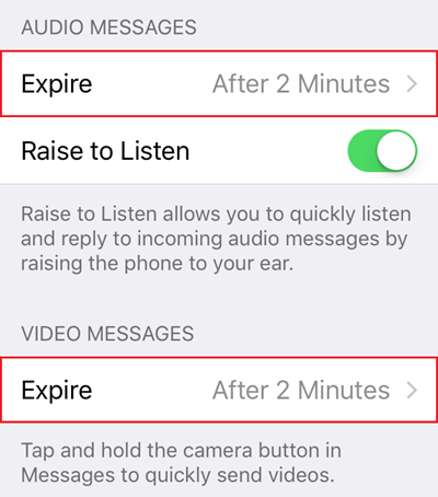  Gửi tin nhắn âm thanh và video tự hủy Bạn có thể gửi tin nhắn là đoạn âm thanh và video có khả năng tự hủy sau 2 phút. Để thiết lập chế độ, hãy vào Settings &gt; Messages rồi cuộn xuống dưới tới phần thông điệp audio và video. Tại đây bạn có thể chọn thời hạn xóa tin nhắn là 2 phút hoặc không bao giờ (never).