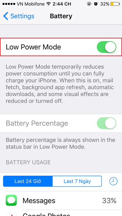  Sử dụng Low Power Mode để kéo dài thời lượng pin Low Power Mode, một tính năng mới khác của iOS 9, báo cho iPhone của bạn giảm bớt một số tính năng để kéo dài hơn nữa thời lượng sử dụng với pin. Điều này có nghĩa là nó sẽ dừng làm mới các ứng dụng chạy nền, cập nhật email tức thì, và vài điều vặt vãnh khác để duy trì pin của bạn dùng được lâu hơn.