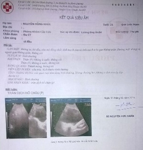 Kết quả siêu âm ngày anh Khởi mới vào nhập viện của BVĐK Hoàn Hảo kết luận bị "Tràn dịch hố chậu".