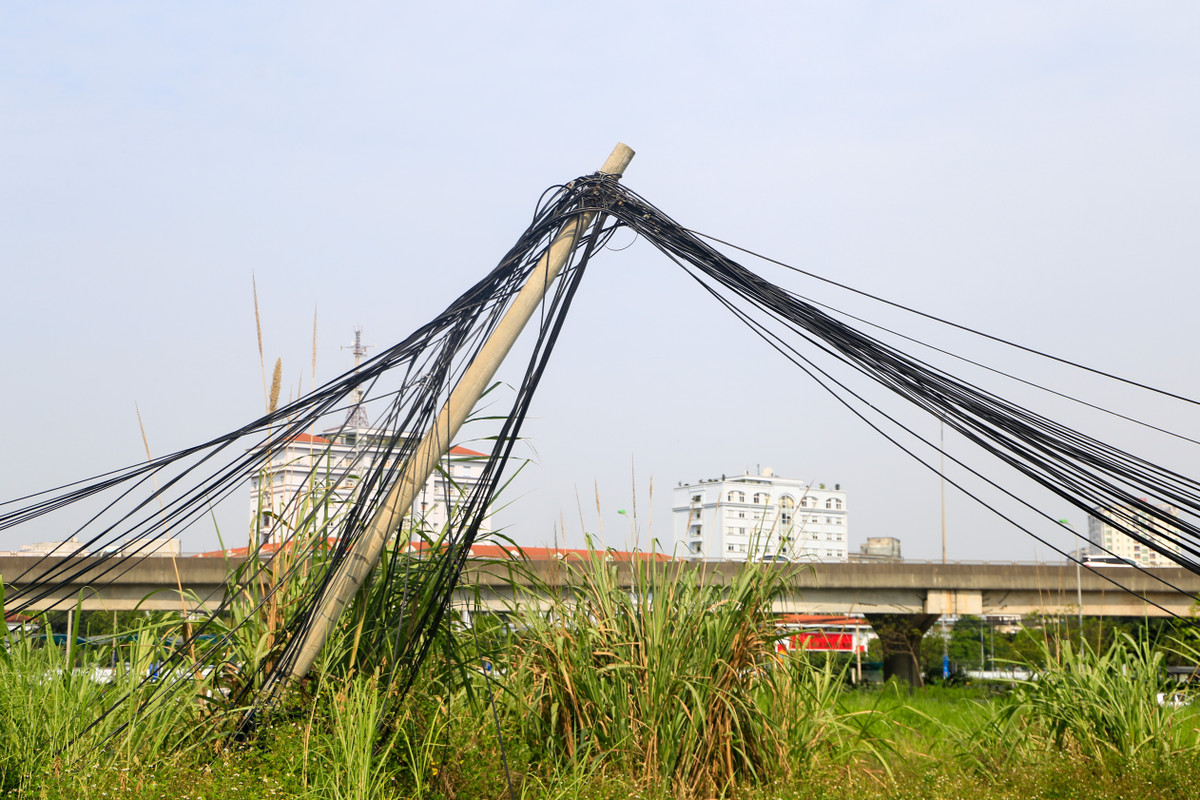 Ngoài cây xanh chết khô nằm ngổn ngang trên vỉa hè, cột điện và dây điện tại đây cũng chằng chịt, nghiêng sang một bên trong tình trạng sắp đổ.