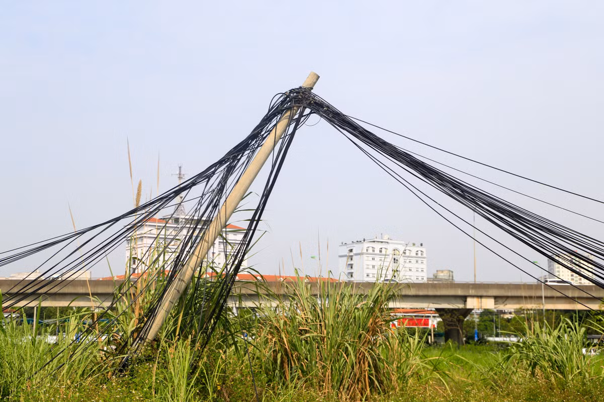 Ngoài cây xanh chết khô nằm ngổn ngang trên vỉa hè, cột điện và dây điện tại đây cũng chằng chịt, nghiêng sang một bên trong tình trạng sắp đổ.