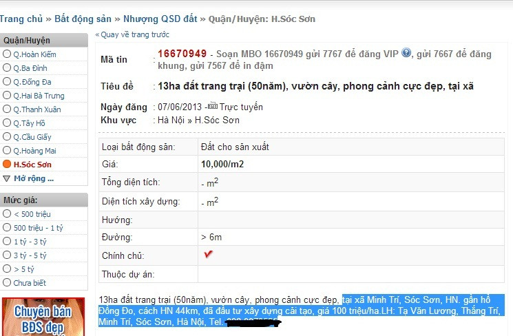 Tin rao bán đất trang trại giá 10.000 đồng/m2 nhan nhản trên mạng. Ảnh: N.Đ