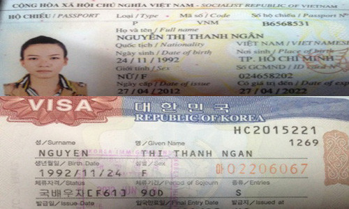 Bút tích hộ chiếu và tờ Visa nhập cảnh Hàn Quốc của nạn nhận.