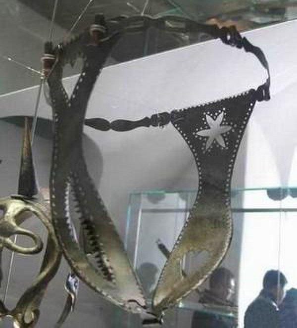  Đai trinh tiết: Đây là loại quần lót bằng sắt, hay còn gọi là "đai trinh tiết" dành cho những người phụ nữ lẳng lơ. Người chồng khi đi vắng lo ngại vợ mình ngoại tình nên dùng đồ vật này khóa âm hộ của vợ, khiến vợ không thể thực hiện hành vi gian dâm với người đàn ông khác. Có rất nhiều phụ nữ bị chảy máu do cọ xát với đai trinh tiết, bị nhiễm trùng mà chết.