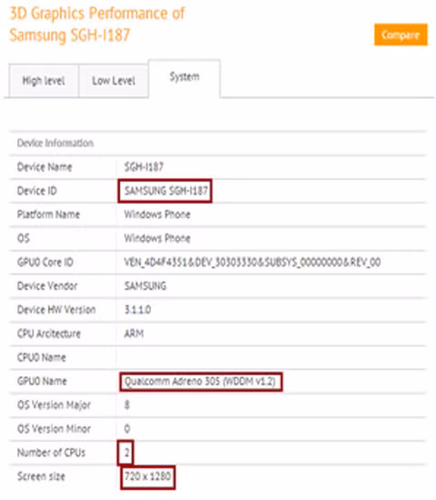 Samsung sắp cho ra mắt điện thoại Windows Phone mới? Một chiếc điện thoại Windows Phone mới của Samsung đã xuất hiện trên trang mạng GFX. Điện thoại mang mã hiệu SGH-I187, có độ phân giải 720x1280p. Điện thoại sử dụng card đồ họa Adreno 305 GPU, nó có thể sử dụng bộ vi xử lý Qualcomm Snapdragn 400 hoặc Snapdragon SIV play hoặc SIV Plus, lõi tứ.
