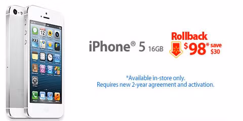 Mua iPhone 5 giá 2 triệu. Với việc thế hệ điện thoại mới ra đời, Walmart đang hạ giá những sản phẩm cũ. Hiện hãng đang rao bán iPhone 5 với giá 2 triệu đồng kèm hợp đồng 2 năm, phiên bản 16 Gb.