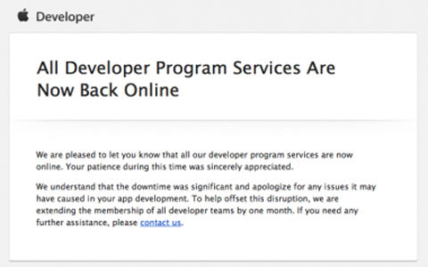 Apple khôi phục lại dịch vụ của các nhà phát triển sau một tháng bị ngưng do hack. Họ đang dần khôi phục lại các dịch vụ, và se mở rộng số lượng các nhà phát triển thành viên trong 1 tháng tới.