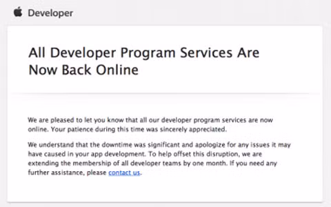 Apple khôi phục lại dịch vụ của các nhà phát triển sau một tháng bị ngưng do hack. Họ đang dần khôi phục lại các dịch vụ, và se mở rộng số lượng các nhà phát triển thành viên trong 1 tháng tới.