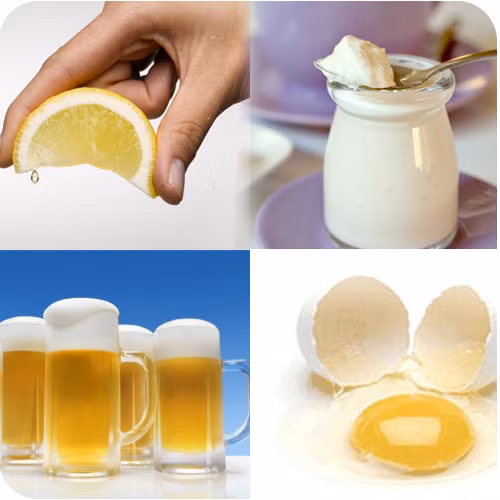Mặt nạ hỗn hợp. Hòa 1 muỗng canh men bia, ½ muỗng sữa chua nguyên chất, 1 muỗng cà phê, 1 muỗng nước chanh, hoặc nước cà rốt, nước cam và dầu oliu vào nhau. Đắp lên mặt và cổ. Để trong 10-20 phút rồi rửa sạch bằng nước ấm.