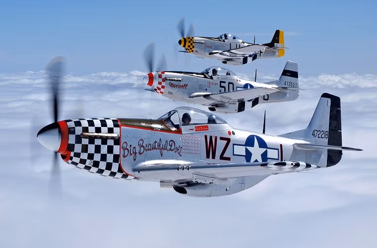  P-51 Mustang: là một mẫu máy bay tiêm kích tầm xa được Không quân Mỹ và các nước Đồng Minh sử dụng rộng rãi trong Chiến tranh Thế giới thứ 2. Đây cũng là một trong những mẫu máy bay tiêm kích thành công nhất mọi thời đại của Mỹ, với số lượng máy bay được sản xuất lên tới hơn 15.800 chiếc.