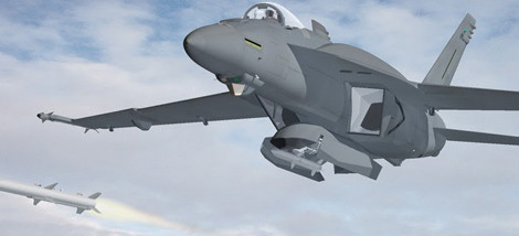 Ảnh đồ họa mô tả cách thức F/A-18 phóng tên lửa chứa trong khoang vũ khí dời.