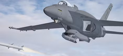 Ảnh đồ họa mô tả cách thức F/A-18 phóng tên lửa chứa trong khoang vũ khí dời.