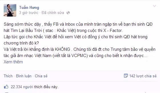 Tuấn Hưng chia sẻ trên trang cá nhân.