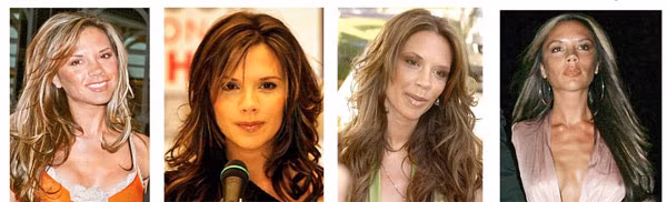 Từ trái sang: Cô nhuộm mái tóc vàng hoe như thách thức những tin đồn về scandal tình ái của chồng. Khi mang thai lần thứ 3, Vic chọn kiểu tóc xoăn dài nhẹ nhàng, nhuộm nâu. Năm 2005, để chứng minh vị thế nữ hoàng WAG, cô khoe mái tóc nhuộm nâu nhạt và bộ ngực silicon ở khắp nơi. Thân hình gày gò, mái tóc dài và dài hơn nhờ nối.