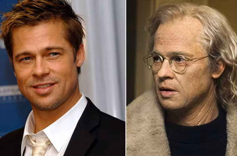 Không thể nhận ra vẻ hào hoa, điển trai của Brad Pitt khi anh hóa trang thành nhân vật già nua, nhăn nhúm trong The Curious Case of Benjamin Button.