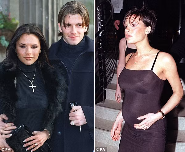 Tháng 1.1998, Beck-Vic tuyên bố đính hôn (trái) và tháng 12 cùng năm, bụng Vic đã ôm bụng bầu cậu con trai cả Brooklyn.