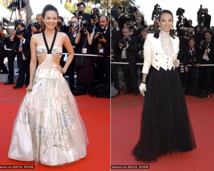 Chiếc váy cut-out để lộ bộ ngực lép kẹp tại Cannes 2005 là chiếc váy bị chê tơi tả của Tử Di. Hai năm sau, trong LHP năm 2007, gu thời trang của họ Chương cũng chưa tiến bộ là mấy (phải).