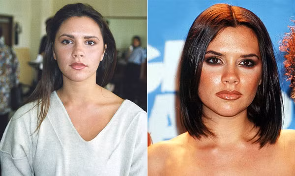 Năm 1993, Vic để tóc dài, thẳng (trái). Năm 1997, khi đã là ngôi sao pop nổi tiếng trong nhóm nhạc Spice Girls, Vic gây ấn tượng với vẻ mặt lạnh lùng và mái tóc bob dài.