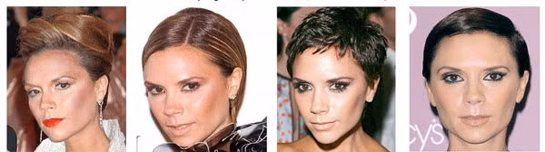 Từ trái qua: Mái tóc bới tóc cao khiến cô bị già đi so với tuổi. Tóc cắt ngắn, vuốt keo ngược ra phía sau tạo sự khác biệt. Vẫn là tóc ngắn, nhưng Vic sáng tạo bằng cách uốn xoăn nhẹ. Vic kém nữ tính với kiểu tóc vừa ngắn vừa ôm sát vào mặt.