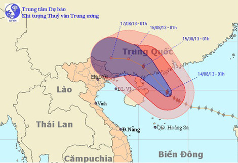 Đến 1h ngày 15/8, vị trí tâm bão ở trên khu vực phía Đông Nam tỉnh Quảng Tây (Trung Quốc). Ảnh: nchmf.gov.vn