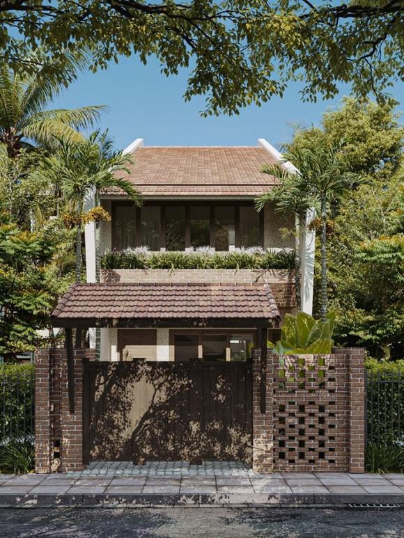 Căn nhà mang dáng dấp hoài cổ khi nhìn từ ngoài vào "Căn nhà là món quà của người con làm cho ba mẹ ở quê nhà. Anh là dân IT, sau bao năm cày cuốc ở Sài Gòn, anh muốn làm cho ba mẹ một căn nhà trước khi làm cho mình, và củng là nơi để dịp lễ Tết gia đình nhỏ về sum vầy cùng gia đình lớn. Tầng trệt, anh muốn hai phòng ngủ cho ba và mẹ riêng, nhưng có cửa mở thông qua được để tiện chăm sóc nhau lúc cần. Tầng lầu có một phòng ngủ lớn, gồm hai giường để dịp gia đình anh về tiện sử dụng. Phía trước có hàng cau và một góc sân thưởng trà. Thiết kế đã theo sát những mong mỏi của gia đình, và với những chất liệu mộc mạc, màu sắc đơn giản, một tổ ấm nhỏ được hình thành", chủ Page viết.