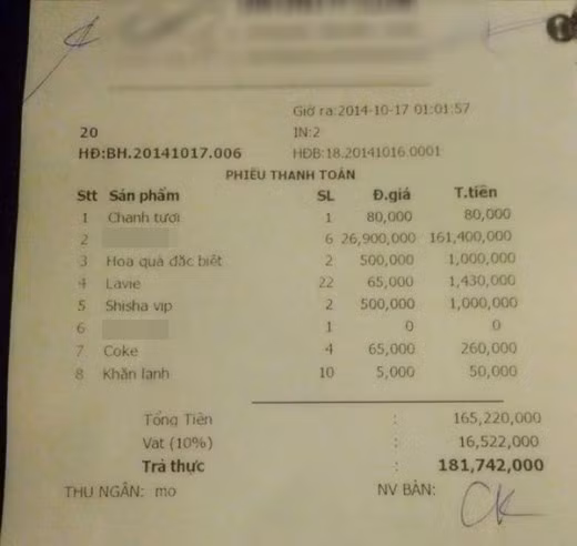 Tờ hóa đơn trong bar 181 triệu đồng mới đây cũng gây nhiều tranh cãi. Tuy nhiên nhiều người cho rằng đây hoàn toàn có thể là một chiêu lừa đảo, sắp đặt để thu hút sự chú ý, hoặc là một chiêu để khoe mẽ sự giàu sang, lắm tiền.