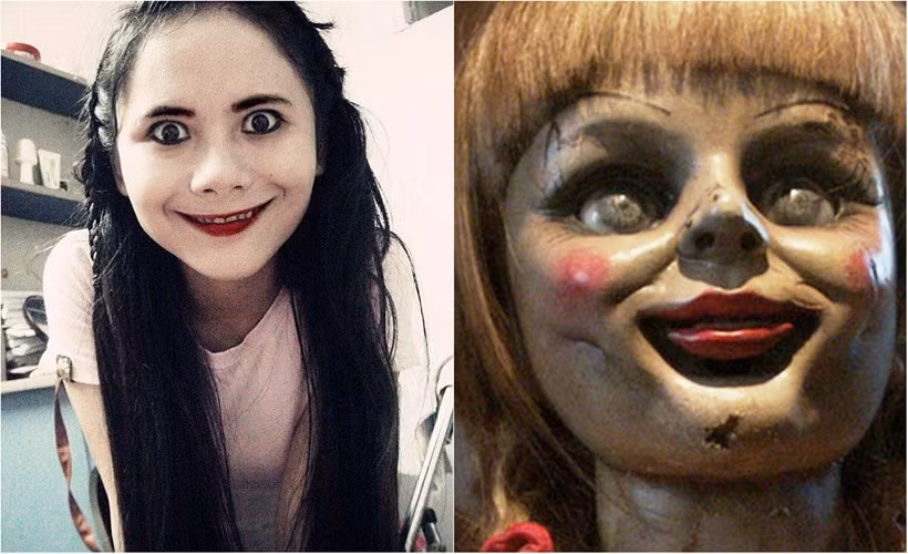 Đây là bức ảnh được chia sẻ trên các trang mạng Việt nổi tiếng trong dịp gần Halloween với lời thách thức "Đố bạn nhìn quá 1 phút mà không sợ". Khuôn mặt của cô gái được so sánh với Annabelle - ma búp bê trong một bộ phim kinh dị gây sốt gần đây.