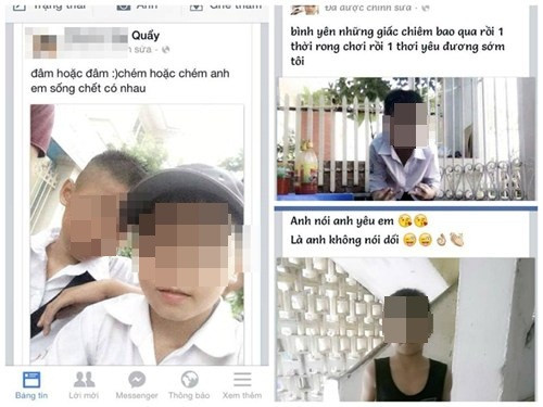 Ảnh chụp trang cá nhân của một nam sinh lớp 6 của một trường THCS tại quận Hà Đông, Hà Nội. Trong những bức ảnh chia sẻ trên mạng, nam sinh này có dáng người nhỏ bé, mặt "non choẹt" nhưng thường xuyên chụp ảnh tự sướng, chia sẻ kèm theo những dòng mô tả hướng tới chủ đề ăn chơi, chém giết, tình yêu là chủ yếu. Ảnh: FBNV.
