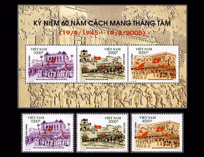Bộ tem "Kỷ niệm 60 năm Cách mạng tháng Tám" gồm 03 mẫu, 01 Bloc, phát hành năm 2005. Ảnh: Vnpost.vn.