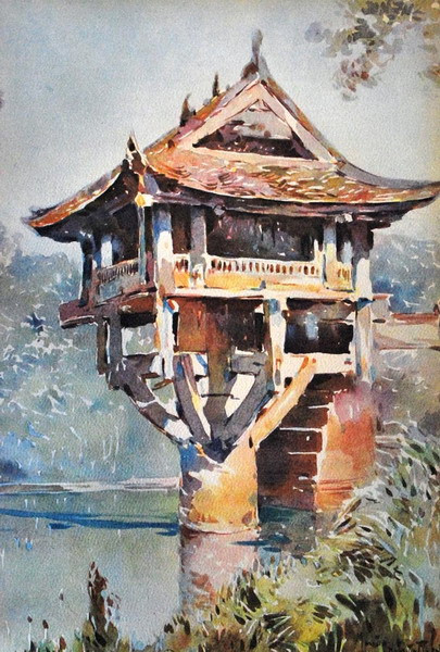 Chùa Một Cột ở Hà Nội. Tranh được in trong ấn phấm "En Indochine" (Tại Đông Dương) của tác giả Robert Chauvelot xuất bản năm 1931, được giới thiệu trên trang Belle Indochine.
